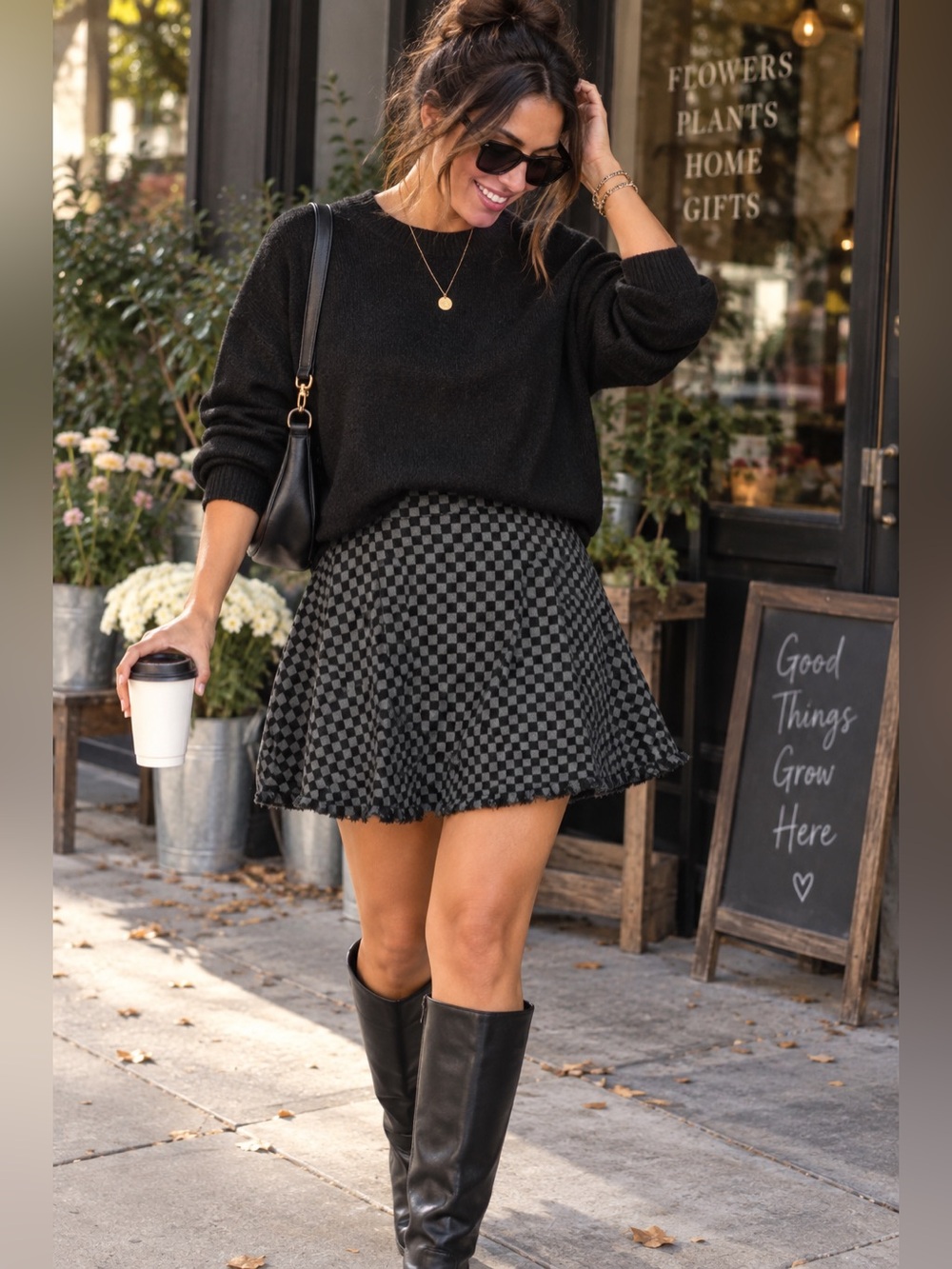 Milano Women's Black and Grey Checkered A-Line Skirt with Frayed Hem Size L